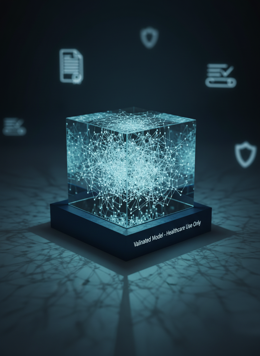 A close-up, photographic-realistic view of a transparent acrylic cube engraved internally with a complex 3D neural network diagram, its nodes and connections etched as fine frosted lines. The cube rests on a matte, midnight-blue plinth subtly labeled “Validated Model – Healthcare Use Only” in small, precise lettering. A softly glowing cyan light emanates from beneath the plinth, illuminating the etchings and casting intricate, lattice-like shadows on the surrounding smooth surface. The background fades into a clean, dark gradient with a gentle bokeh of out-of-focus regulatory document icons and shield symbols. Lit with controlled studio side lighting, the composition is centered with a shallow depth of field, creating a refined, almost ceremonial atmosphere. The mood is thoughtful, precise, and authoritative, symbolizing rigorously tested, compliant machine learning models for critical domains.