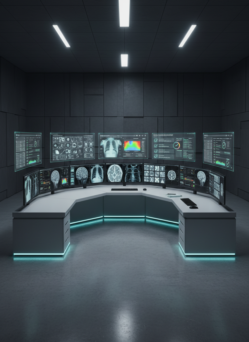 A futuristic yet realistic control room for healthcare AI, centered on a semi-circular console of matte-white workstations, each with multiple ultra-wide displays showing anonymized medical imaging, model explainability heatmaps, and regulatory checklists. Transparent holographic-style overlays hover just above the physical screens, displaying key metrics in cyan and soft white, creating the sense of augmented analytics while staying grounded. The room features dark acoustic wall panels with subtle geometric patterns and a polished concrete floor. Cool, focused overhead lighting and faint under-desk LED strips create a calm, high-tech ambiance with controlled reflections. Captured in photographic realism from a wide, slightly elevated angle, with deep focus revealing every display. The mood is serious, mission-critical, and highly organized, underscoring safety, monitoring, and governance of deployed machine learning systems in healthcare.