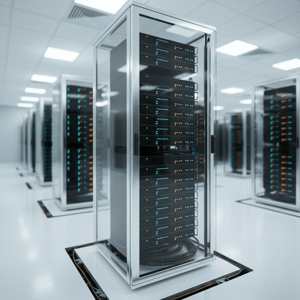 A sleek, glass-encased server rack filled with neatly arranged, matte-black machines, each with subtle cyan and amber indicator lights forming precise patterns. The rack stands in a spotless, modern data center with glossy white floors and cable management so tidy it feels architectural. Cool, diffused overhead LED lighting creates gentle reflections on the glass and faint shadows beneath the equipment. In the softly blurred background, additional racks recede in orderly rows, hinting at vast computational power. Photographic realism, eye-level composition with a slight three-quarter angle, sharp focus on the front rack and soft bokeh beyond. The atmosphere is calm, highly controlled, and ultra-professional, conveying reliability and precision for mission-critical machine learning in healthcare and regulated industries.