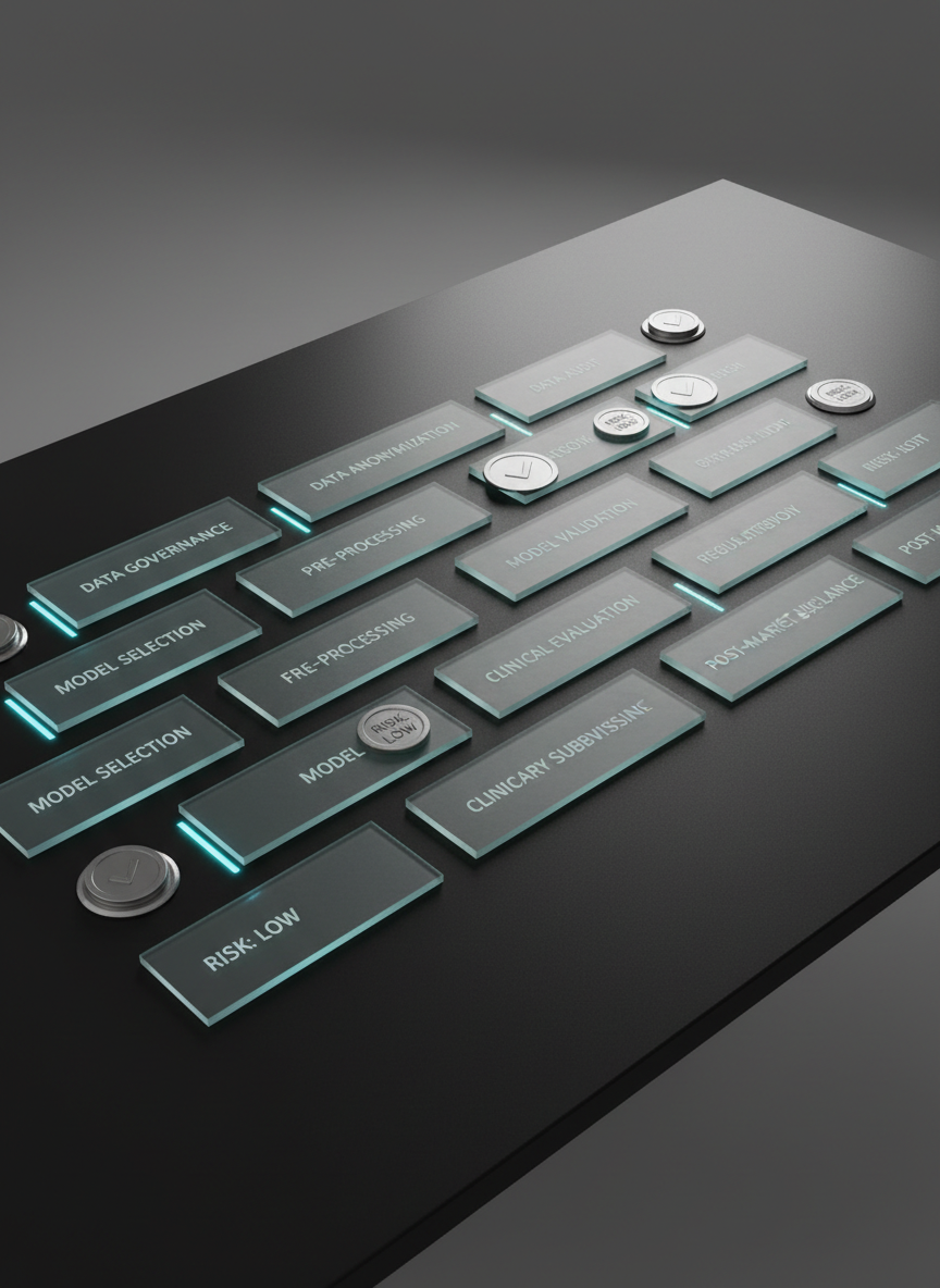 A detailed, photographic-realistic overhead shot of a compliance-centric AI workflow board arranged on a large, matte-black table. Rectangular glass tiles, each etched with stages like “data governance,” “model validation,” “clinical evaluation,” and “post-market surveillance,” form a precise, modular pathway. Slim cyan light strips embedded in the table surface trace connections between tiles, glowing softly. Nearby, stainless-steel tokens labeled with checkmarks and risk levels sit neatly aligned beside key stages. Overhead diffuse studio lighting creates minimal shadow and crystal-clear legibility of text and textures. The background is intentionally uncluttered, with the edges of the table fading into a deep neutral gray. The composition follows a diagonal rule-of-thirds layout, emphasizing flow and direction. The atmosphere is structured, methodical, and reassuring, representing orderly end-to-end machine learning governance for healthcare and other regulated industries.