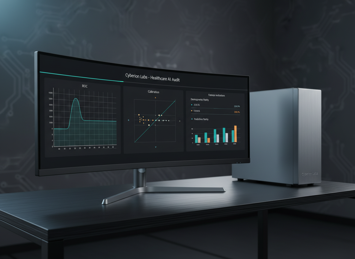 A large, curved, ultra-high-resolution monitor displaying a clean, dark-themed dashboard of machine learning model metrics for healthcare, with clear graphs of ROC curves, calibration plots, and fairness indicators in teal, white, and amber tones. The screen sits on a minimalist black desk with a brushed metal surface, beside a closed, matte-silver workstation tower engraved subtly with “Cyberion Labs.” Soft, cool studio lighting emphasizes the screen’s glow, casting gentle reflections across the desk. The background is a softly blurred, modern office wall in deep charcoal with a faint circuit-inspired pattern. Shot from a slightly elevated angle in photographic realism, with shallow depth of field highlighting the monitor. The mood is focused, analytical, and trustworthy, representing transparent, auditable AI for regulated environments.