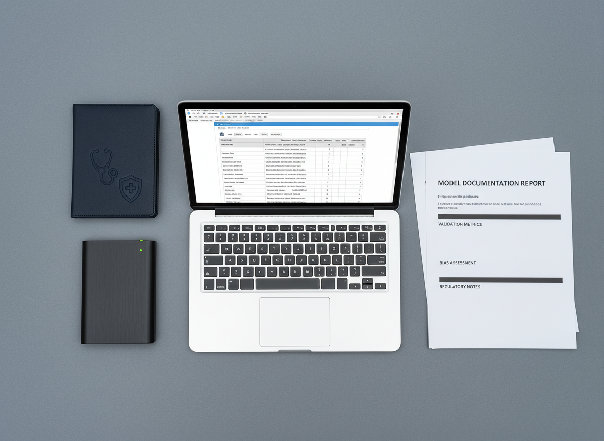 A meticulously arranged flat lay of healthcare-compliant machine learning tools: an open, high-end laptop showing an anonymized, de-identified medical dataset in a structured table, a printed model documentation report with clearly labeled “validation,” “bias assessment,” and “regulatory notes” sections, and a secure encrypted external drive with a brushed metal casing. All items rest on a smooth, slate-gray surface with a subtle texture. Overhead, soft diffused studio lighting eliminates harsh shadows, creating an even, clinical clarity. A stethoscope icon and a shield icon are subtly embossed on a nearby dark-blue notebook, symbolizing healthcare and safety. Photographic realism with sharp focus across the frame, centered composition and generous negative space. The atmosphere is precise, methodical, and trustworthy, emphasizing compliance, documentation, and rigor in AI consulting for regulated industries.