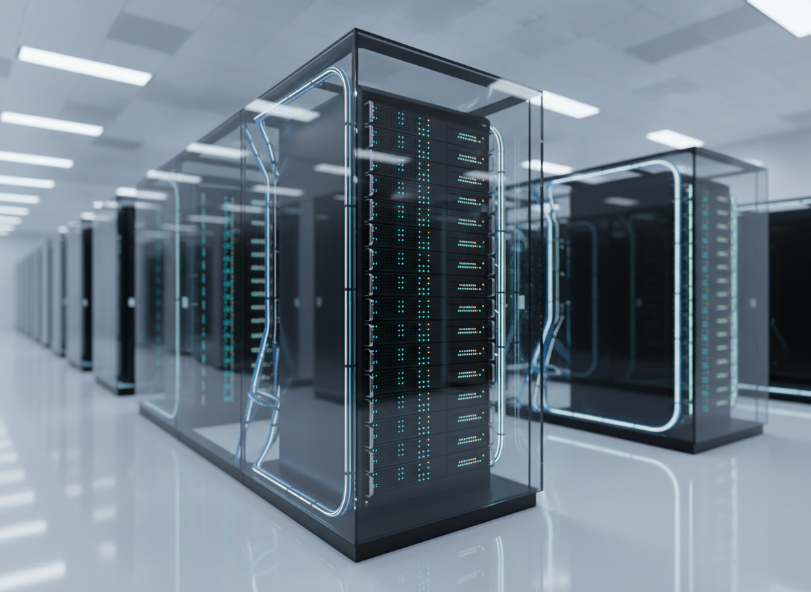 A sleek, glass-encased server rack filled with neatly arranged, matte-black machines, each with subtle cyan and amber indicator lights forming precise patterns. The rack stands in a spotless, modern data center with glossy white floors and cable management so tidy it feels architectural. Cool, diffused overhead LED lighting creates gentle reflections on the glass and faint shadows beneath the equipment. In the softly blurred background, additional racks recede in orderly rows, hinting at vast computational power. Photographic realism, eye-level composition with a slight three-quarter angle, sharp focus on the front rack and soft bokeh beyond. The atmosphere is calm, highly controlled, and ultra-professional, conveying reliability and precision for mission-critical machine learning in healthcare and regulated industries.