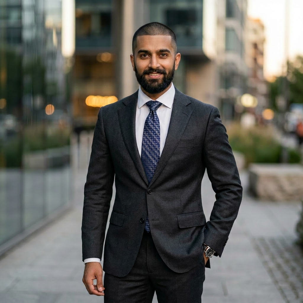 Man wearing dark gray suit and blue patterned tie standing outdoors in an urban environment